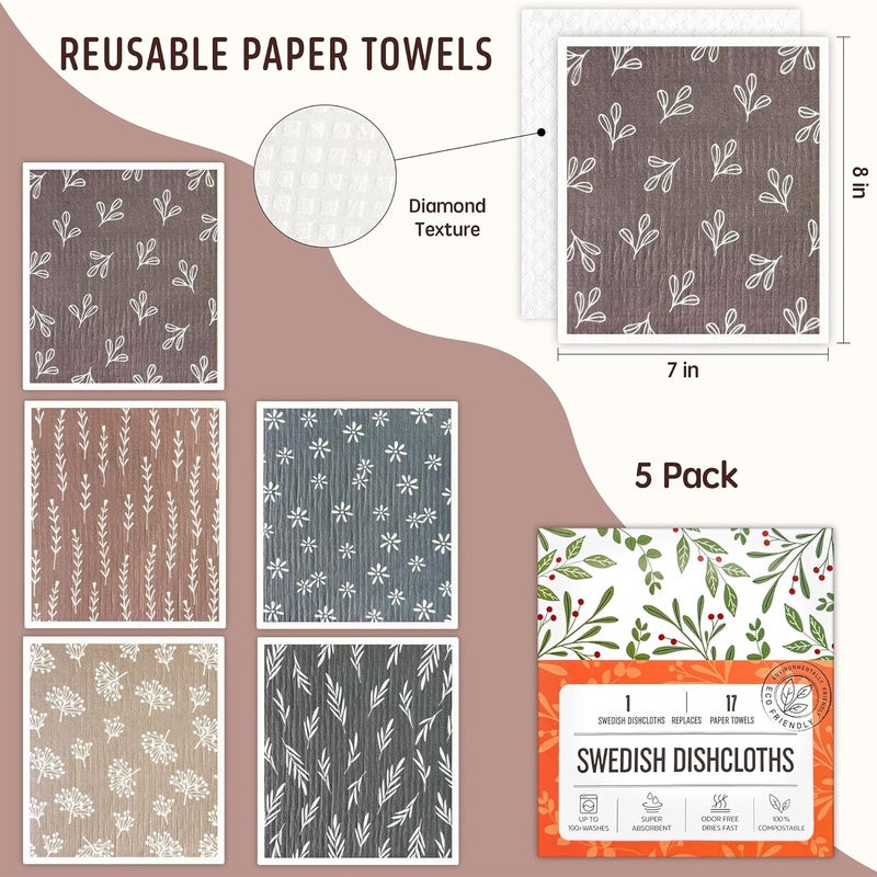 Augine Swedish Dishcloths for Kitchen, 5 Pack Reusable Paper Towels Washable, Super Absorbent Swedish Dish Cloths, Non-Scratch, Biodegradable - Image 2